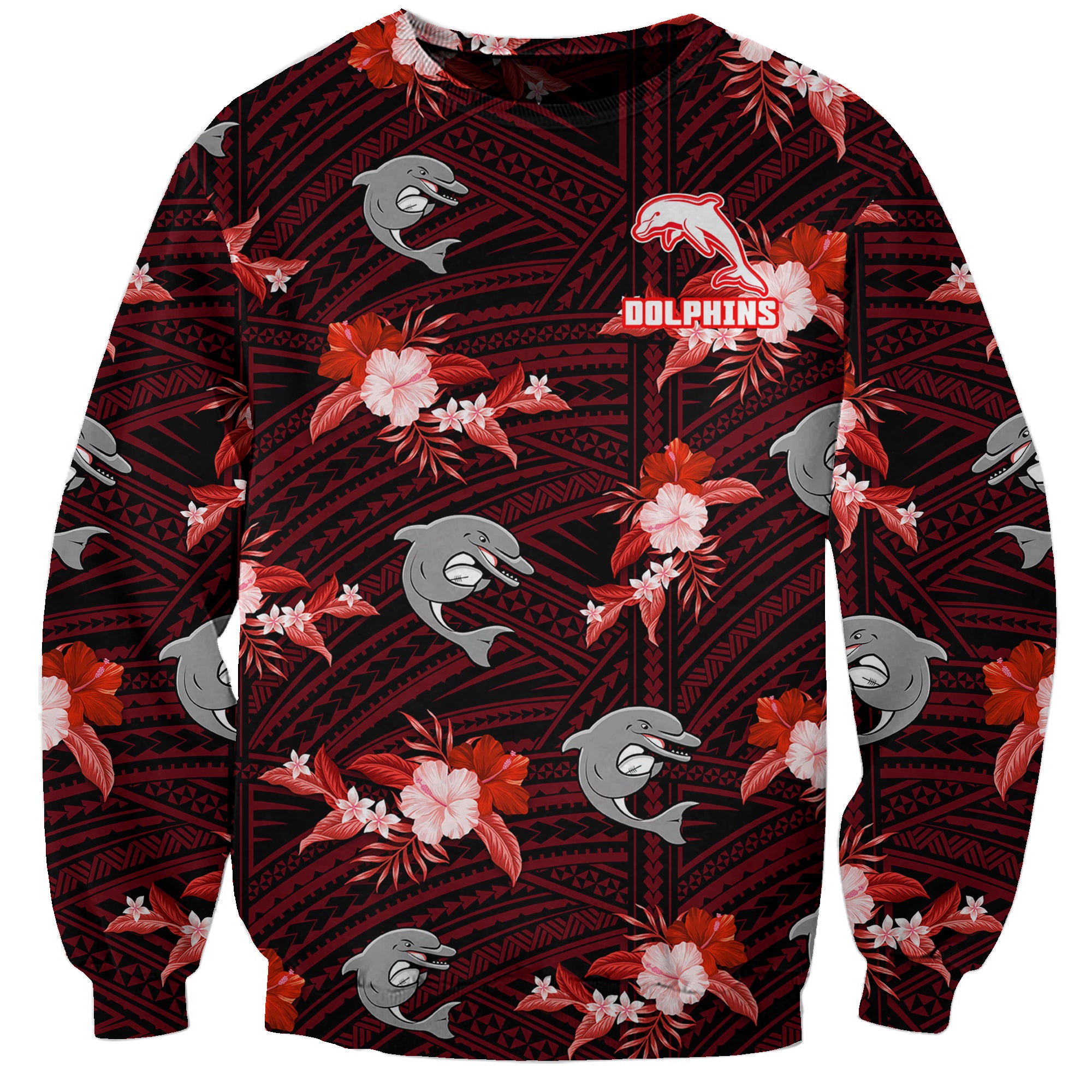 custom-text-and-number-dolphins-rugby-sweatshirt-polynesian-tribal-mix-tropical-hawaiian-style