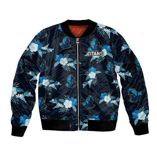 custom-text-and-number-titans-rugby-sleeve-zip-bomber-jacket-polynesian-tribal-mix-tropical-hawaiian-style