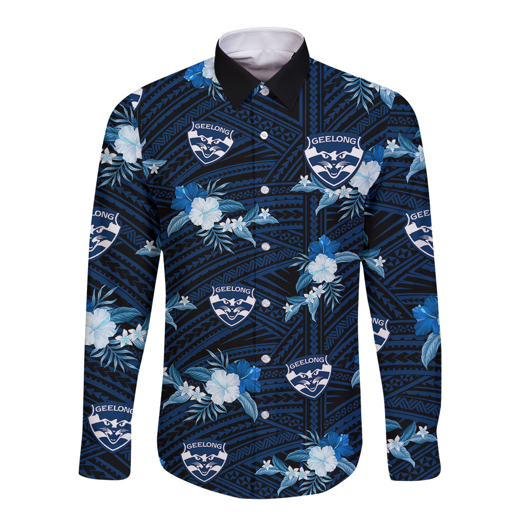 custom-text-and-number-geelong-cats-football-long-sleeve-button-shirt-polynesian-tribal-mix-tropical-hawaiian-style