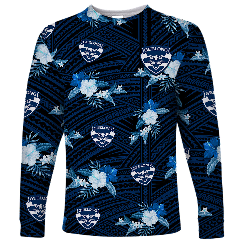 custom-text-and-number-geelong-cats-football-long-sleeve-shirt-polynesian-tribal-mix-tropical-hawaiian-style