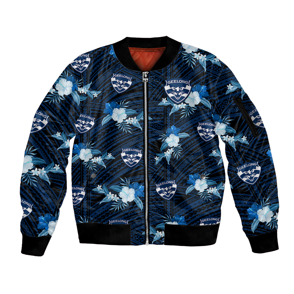 custom-text-and-number-geelong-cats-football-sleeve-zip-bomber-jacket-polynesian-tribal-mix-tropical-hawaiian-style
