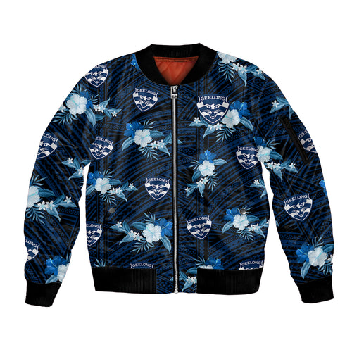 custom-text-and-number-geelong-cats-football-sleeve-zip-bomber-jacket-polynesian-tribal-mix-tropical-hawaiian-style