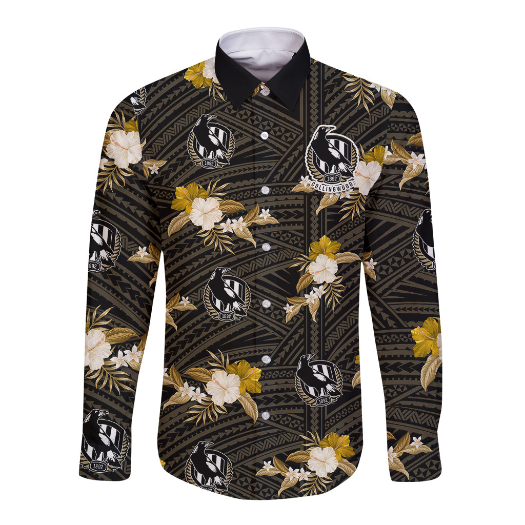 custom-text-and-number-collingwood-football-long-sleeve-button-shirt-polynesian-tribal-mix-tropical-hawaiian-style