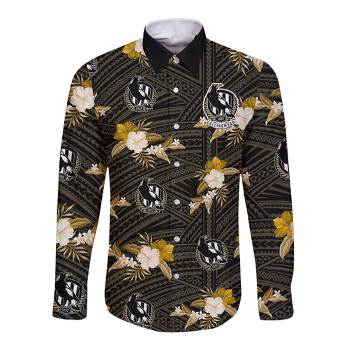 custom-text-and-number-collingwood-football-long-sleeve-button-shirt-polynesian-tribal-mix-tropical-hawaiian-style