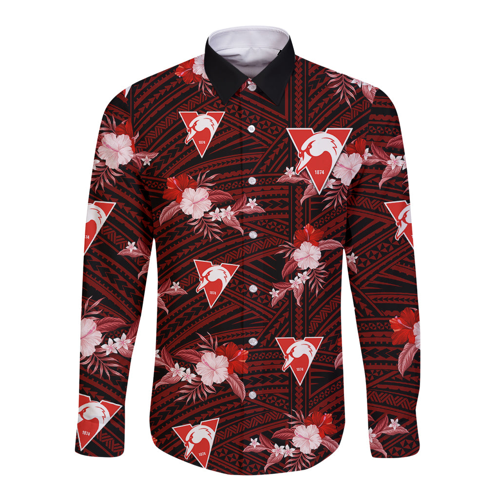 custom-text-and-number-sydney-swans-football-long-sleeve-button-shirt-polynesian-tribal-mix-tropical-hawaiian-style