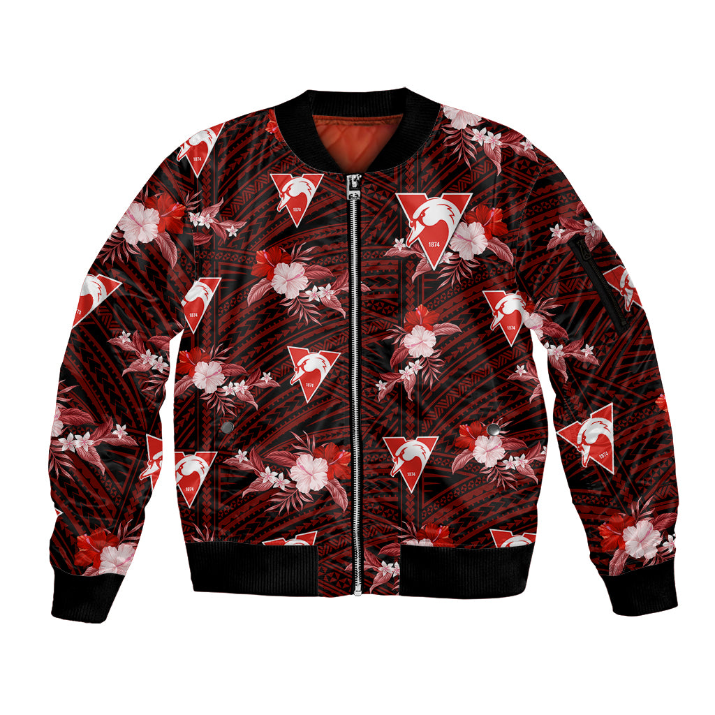 custom-text-and-number-sydney-swans-football-sleeve-zip-bomber-jacket-polynesian-tribal-mix-tropical-hawaiian-style