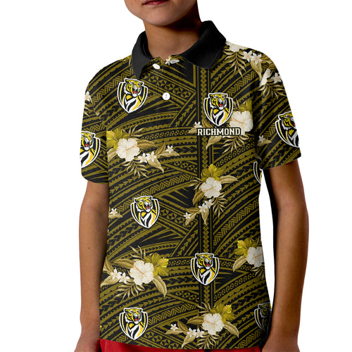 custom-text-and-number-richmond-football-kid-polo-shirt-polynesian-tribal-mix-tropical-hawaiian-style