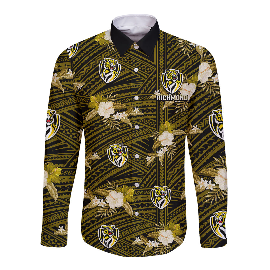 custom-text-and-number-richmond-football-long-sleeve-button-shirt-polynesian-tribal-mix-tropical-hawaiian-style