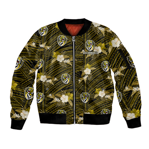custom-text-and-number-richmond-football-sleeve-zip-bomber-jacket-polynesian-tribal-mix-tropical-hawaiian-style