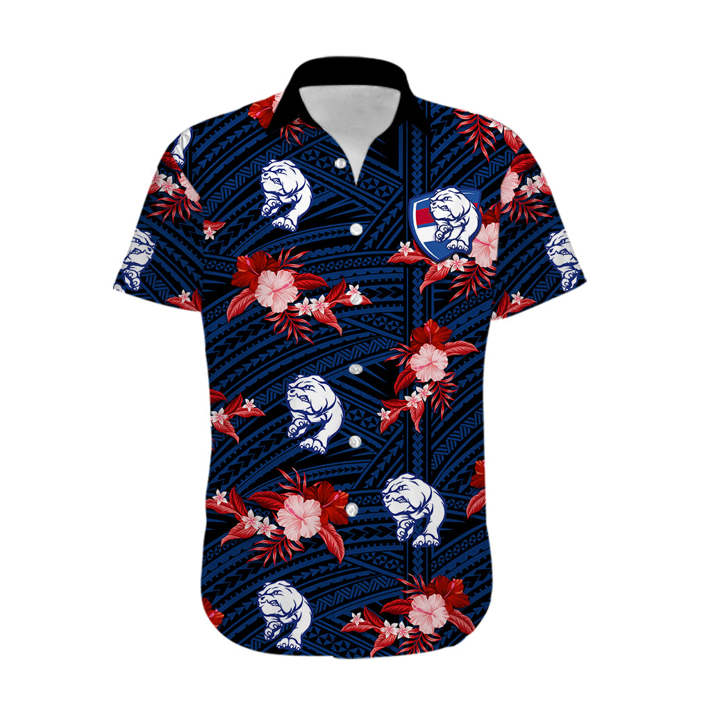 custom-text-and-number-western-bulldogs-football-hawaiian-shirt-polynesian-tribal-mix-tropical-hawaiian-style