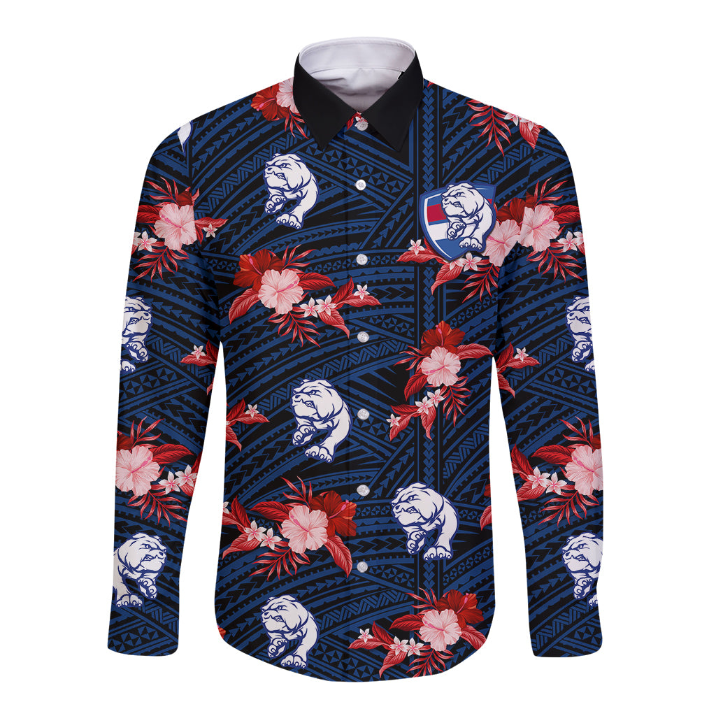 custom-text-and-number-western-bulldogs-football-long-sleeve-button-shirt-polynesian-tribal-mix-tropical-hawaiian-style