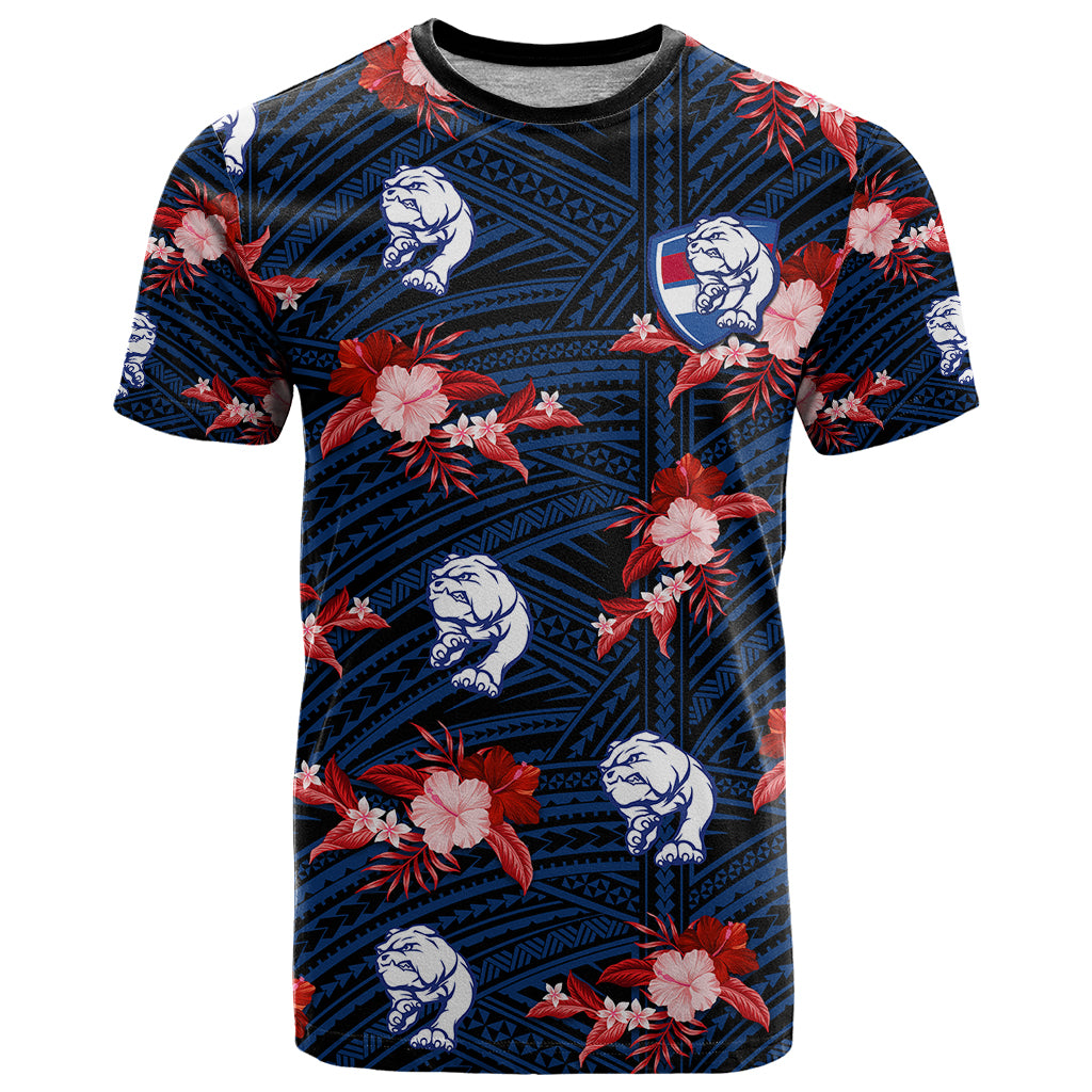 custom-text-and-number-western-bulldogs-football-t-shirt-polynesian-tribal-mix-tropical-hawaiian-style