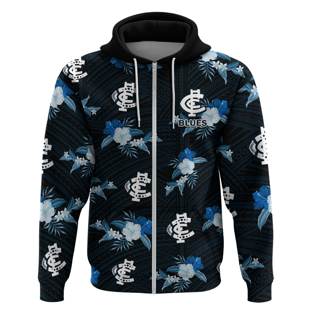 custom-text-and-number-carlton-football-hoodie-blues-polynesian-tribal-mix-tropical-hawaiian-style