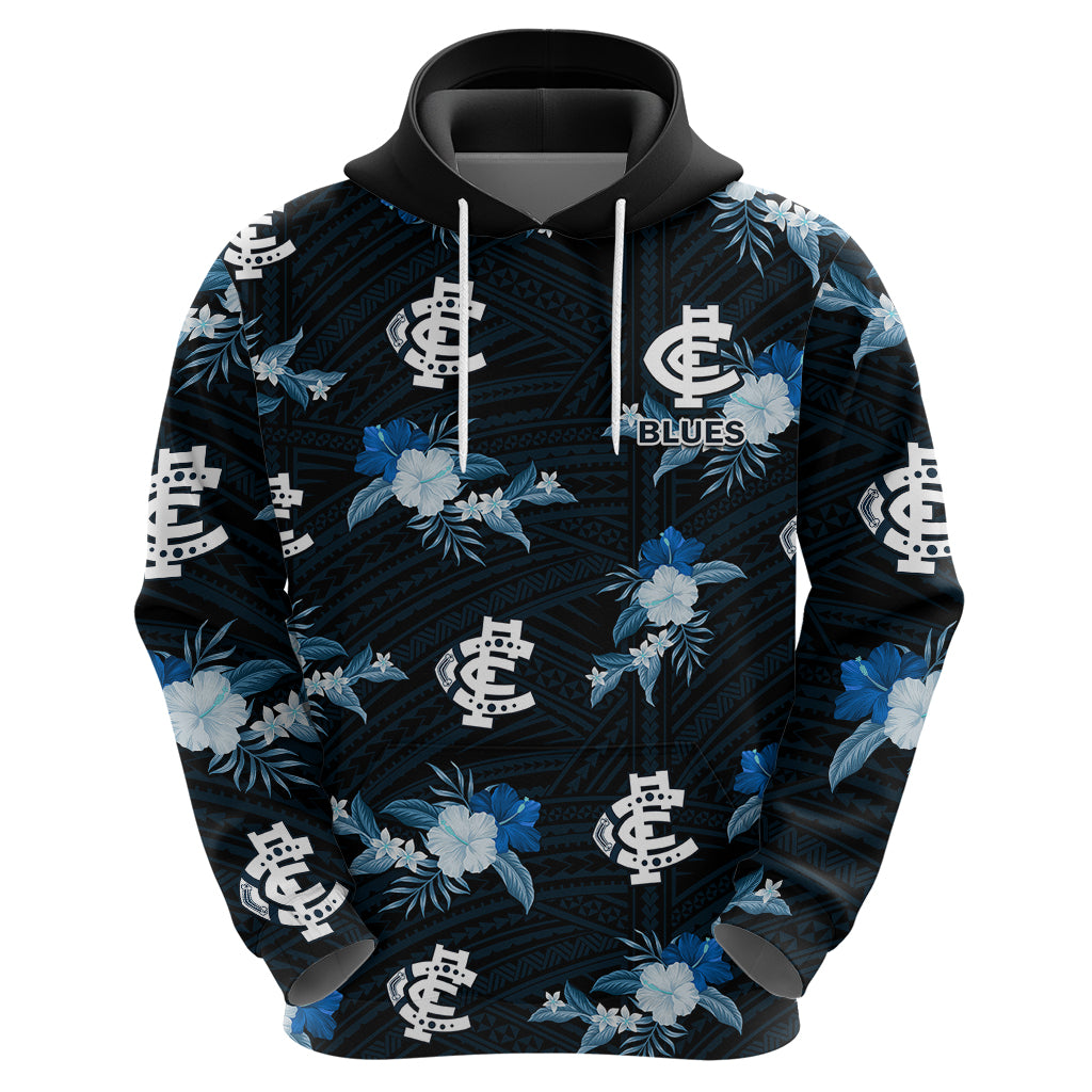 custom-text-and-number-carlton-football-hoodie-blues-polynesian-tribal-mix-tropical-hawaiian-style