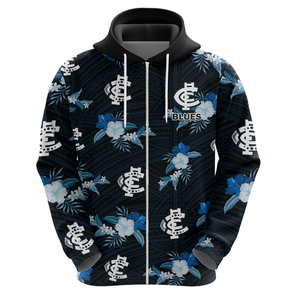 custom-text-and-number-carlton-football-hoodie-blues-polynesian-tribal-mix-tropical-hawaiian-style