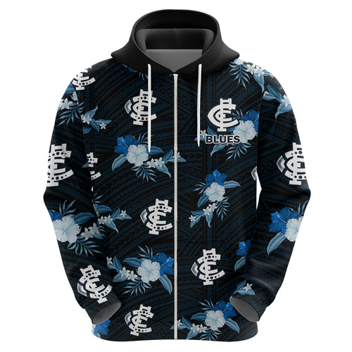 custom-text-and-number-carlton-football-hoodie-blues-polynesian-tribal-mix-tropical-hawaiian-style