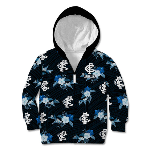 custom-text-and-number-carlton-football-kid-hoodie-blues-polynesian-tribal-mix-tropical-hawaiian-style