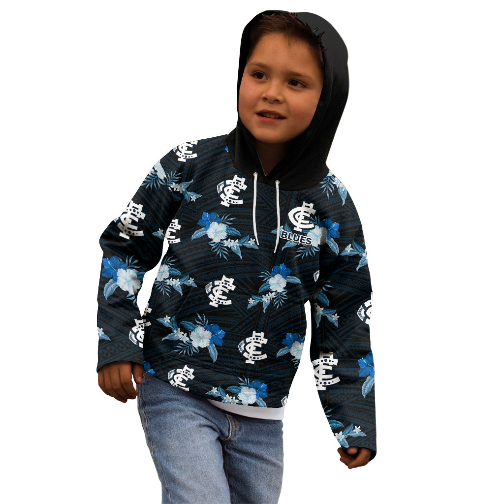 custom-text-and-number-carlton-football-kid-hoodie-blues-polynesian-tribal-mix-tropical-hawaiian-style