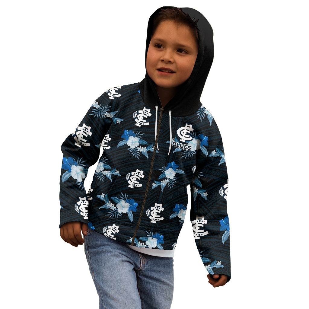 custom-text-and-number-carlton-football-kid-hoodie-blues-polynesian-tribal-mix-tropical-hawaiian-style