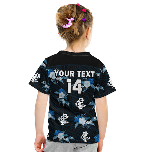 custom-text-and-number-carlton-football-kid-t-shirt-blues-polynesian-tribal-mix-tropical-hawaiian-style