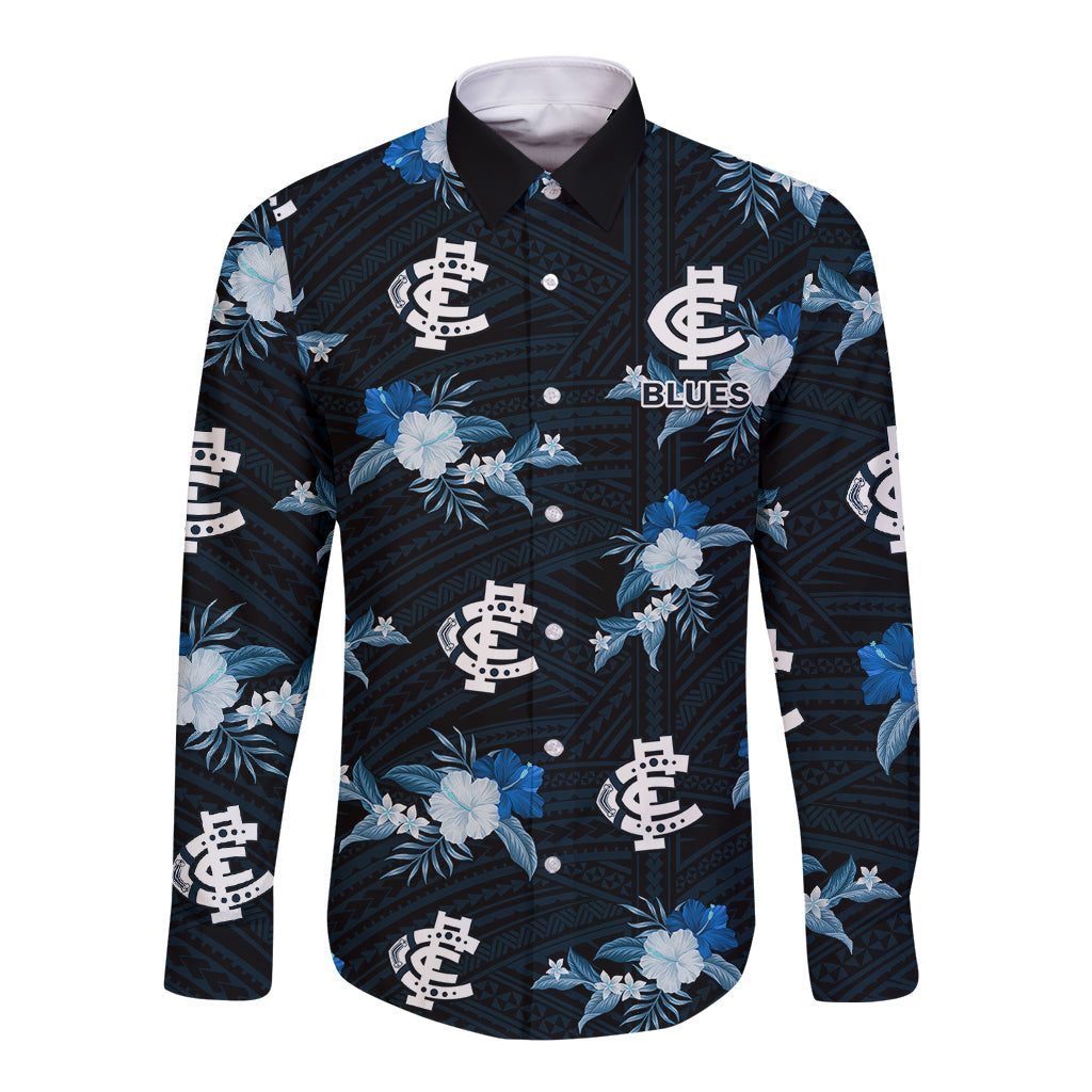 custom-text-and-number-carlton-football-long-sleeve-button-shirt-blues-polynesian-tribal-mix-tropical-hawaiian-style