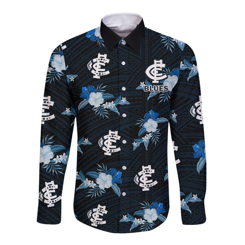 custom-text-and-number-carlton-football-long-sleeve-button-shirt-blues-polynesian-tribal-mix-tropical-hawaiian-style