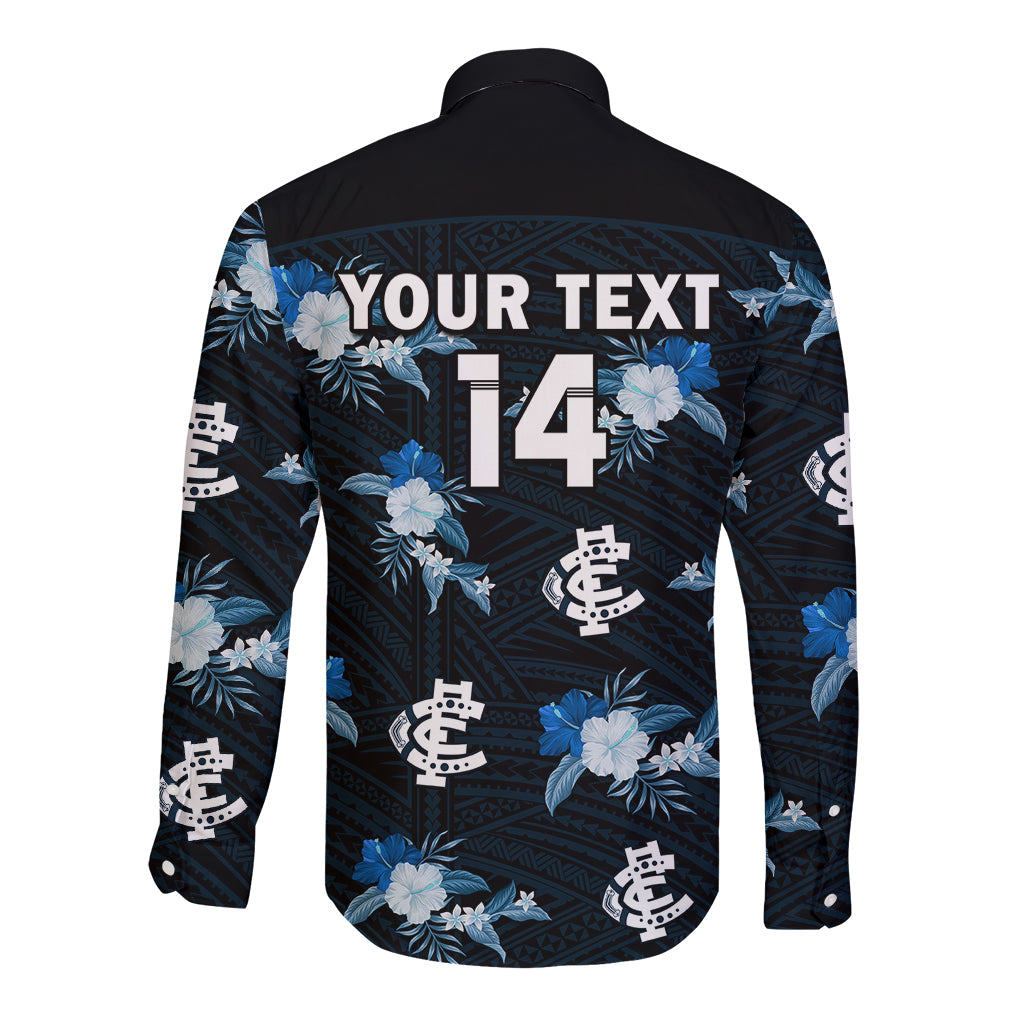 custom-text-and-number-carlton-football-long-sleeve-button-shirt-blues-polynesian-tribal-mix-tropical-hawaiian-style