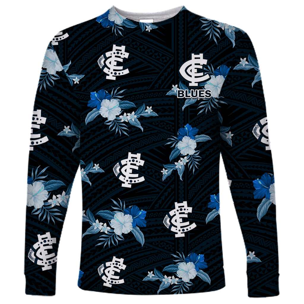 custom-text-and-number-carlton-football-long-sleeve-shirt-blues-polynesian-tribal-mix-tropical-hawaiian-style