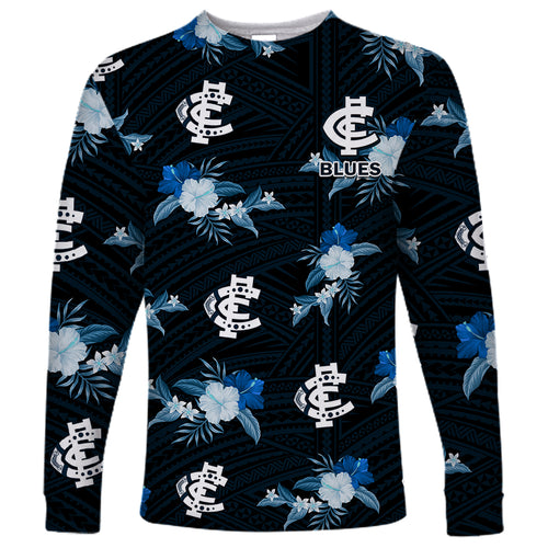 custom-text-and-number-carlton-football-long-sleeve-shirt-blues-polynesian-tribal-mix-tropical-hawaiian-style