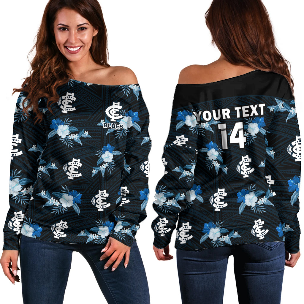 custom-text-and-number-carlton-football-off-shoulder-sweater-blues-polynesian-tribal-mix-tropical-hawaiian-style