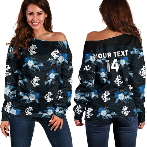custom-text-and-number-carlton-football-off-shoulder-sweater-blues-polynesian-tribal-mix-tropical-hawaiian-style