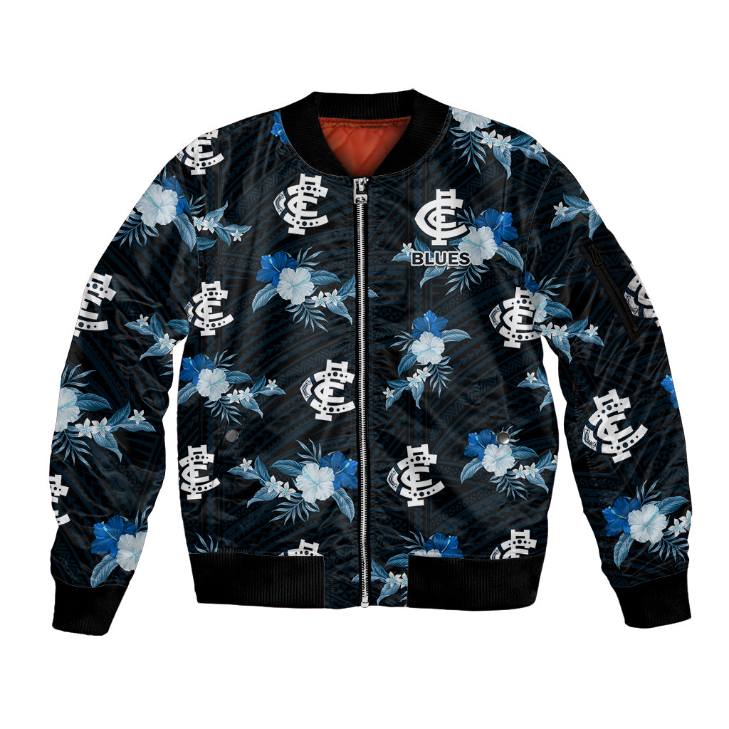 custom-text-and-number-carlton-football-sleeve-zip-bomber-jacket-blues-polynesian-tribal-mix-tropical-hawaiian-style
