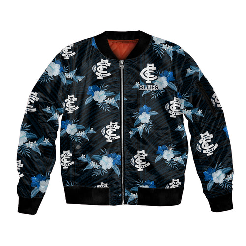 custom-text-and-number-carlton-football-sleeve-zip-bomber-jacket-blues-polynesian-tribal-mix-tropical-hawaiian-style