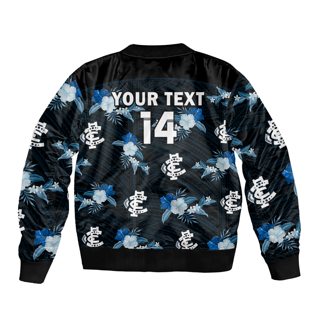 custom-text-and-number-carlton-football-sleeve-zip-bomber-jacket-blues-polynesian-tribal-mix-tropical-hawaiian-style