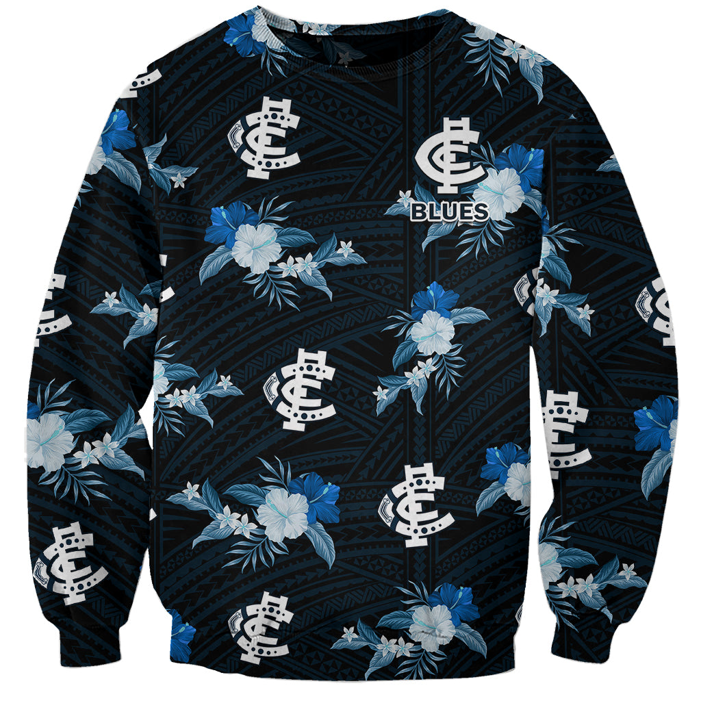 custom-text-and-number-carlton-football-sweatshirt-blues-polynesian-tribal-mix-tropical-hawaiian-style