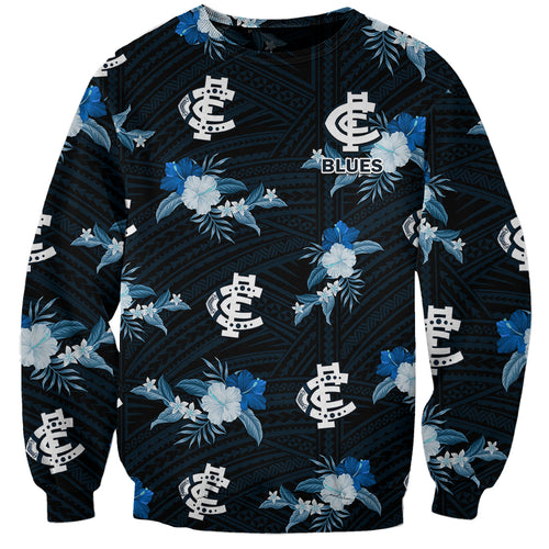 custom-text-and-number-carlton-football-sweatshirt-blues-polynesian-tribal-mix-tropical-hawaiian-style