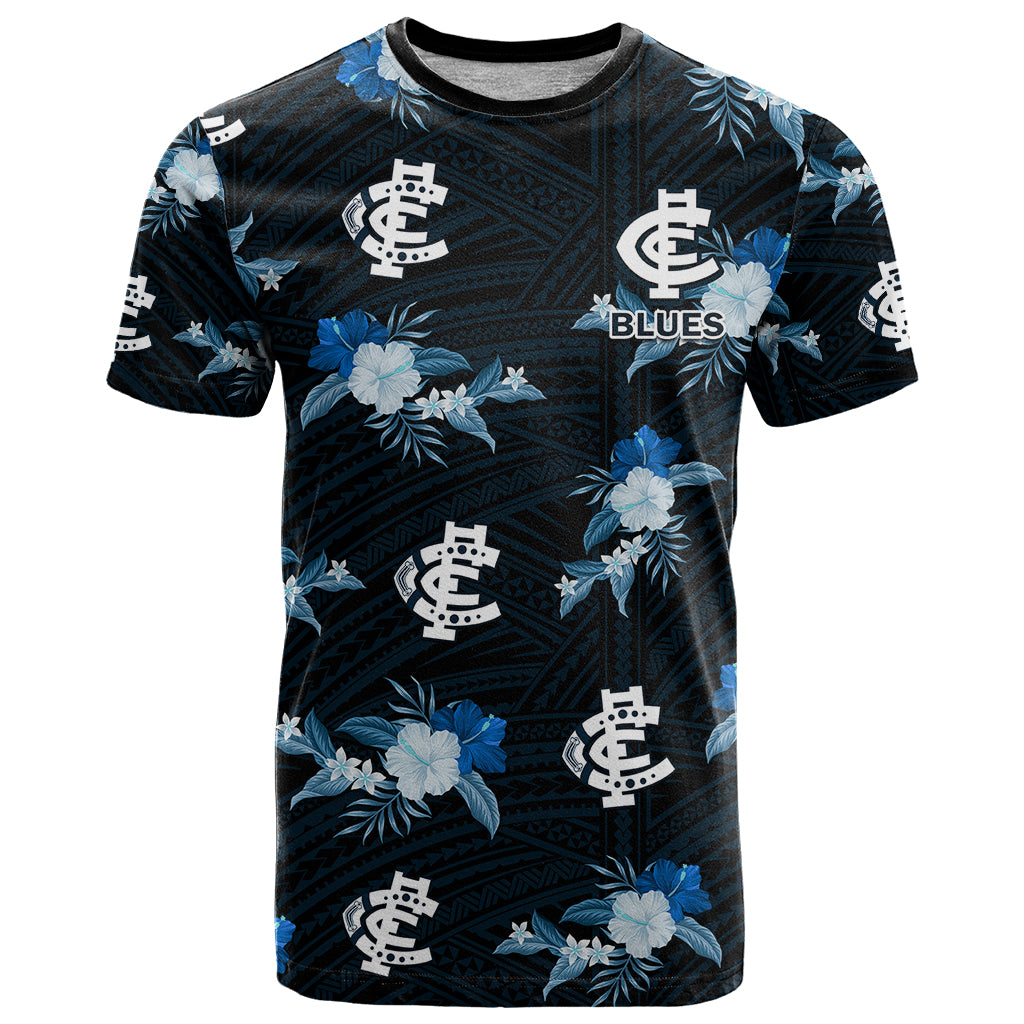 custom-text-and-number-carlton-football-t-shirt-blues-polynesian-tribal-mix-tropical-hawaiian-style