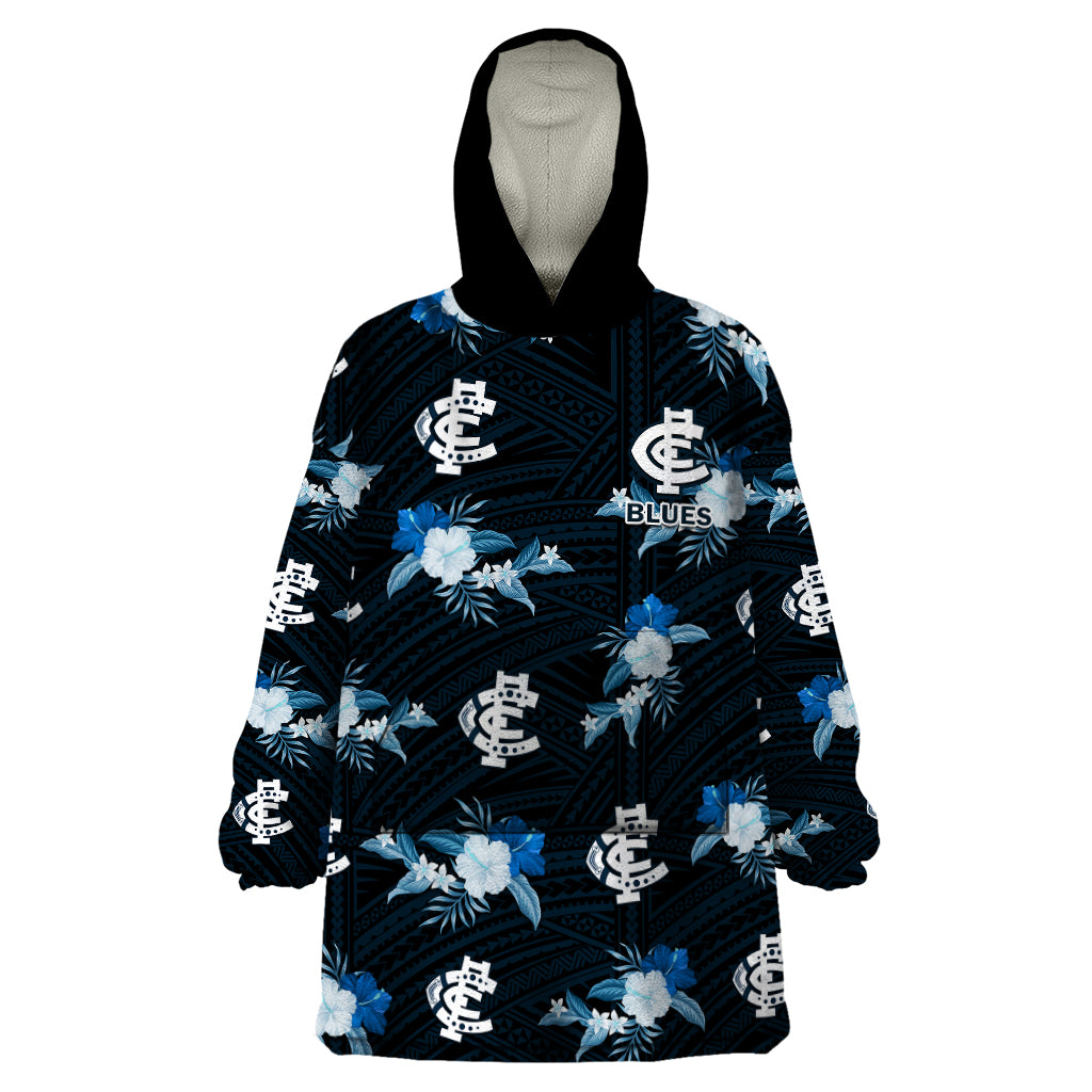custom-text-and-number-carlton-football-wearable-blanket-hoodie-blues-polynesian-tribal-mix-tropical-hawaiian-style