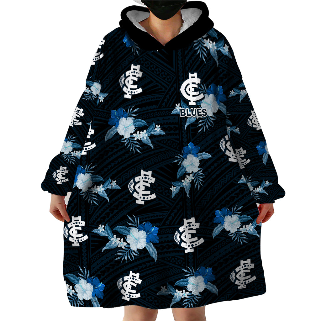 custom-text-and-number-carlton-football-wearable-blanket-hoodie-blues-polynesian-tribal-mix-tropical-hawaiian-style