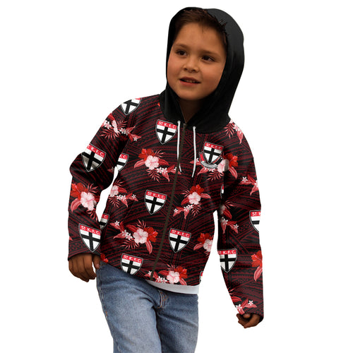 custom-text-and-number-st-kilda-football-kid-hoodie-saints-polynesian-tribal-mix-tropical-hawaiian-style