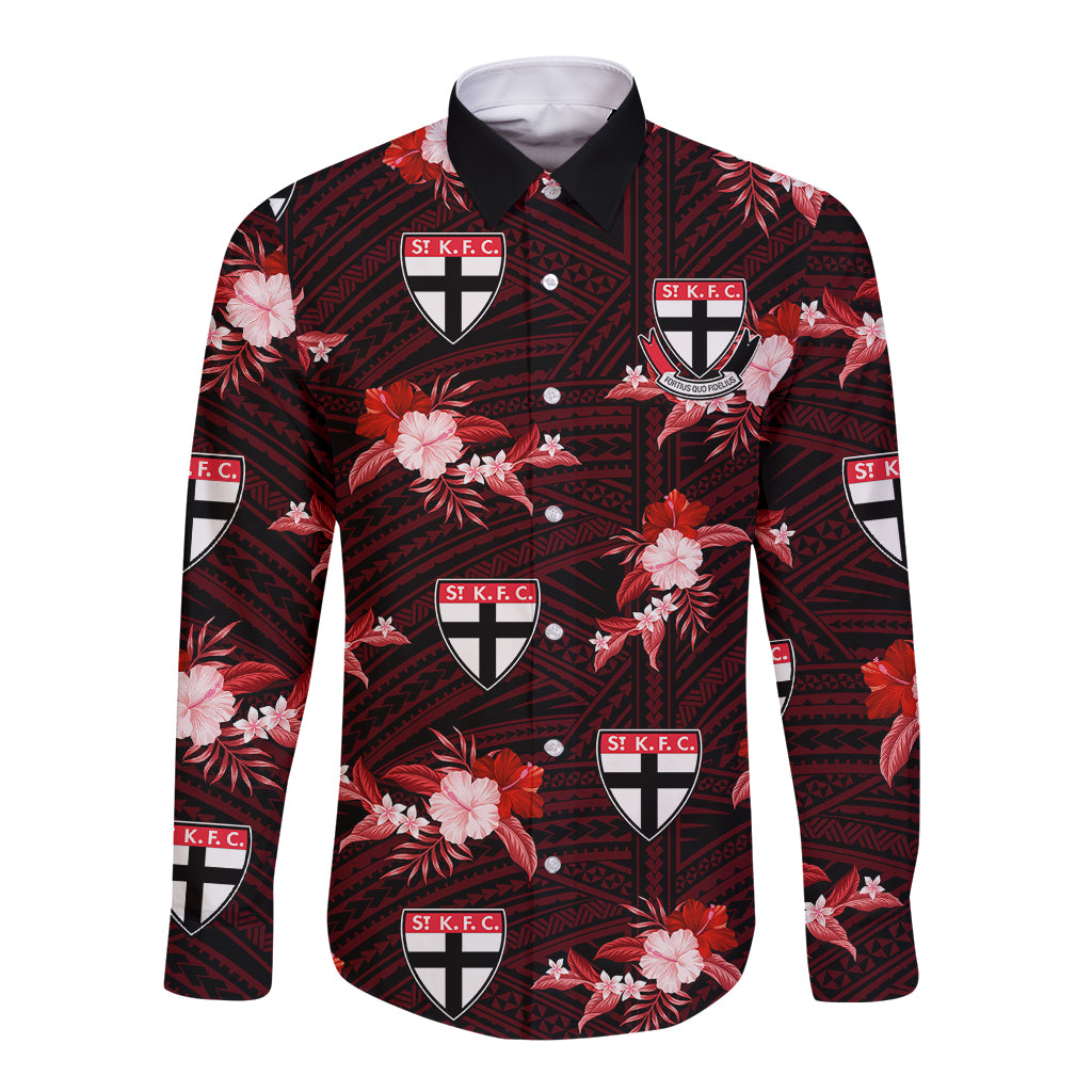 custom-text-and-number-st-kilda-football-long-sleeve-button-shirt-saints-polynesian-tribal-mix-tropical-hawaiian-style