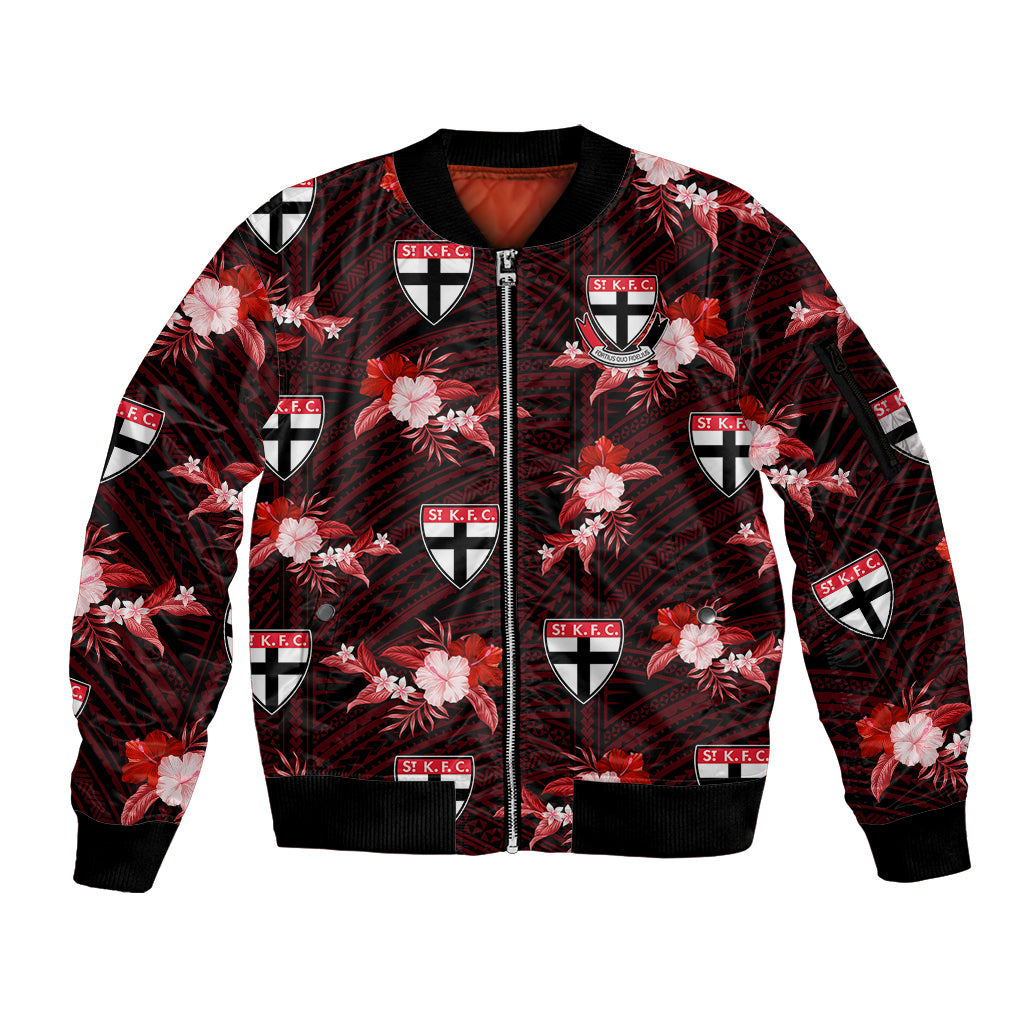 custom-text-and-number-st-kilda-football-sleeve-zip-bomber-jacket-saints-polynesian-tribal-mix-tropical-hawaiian-style