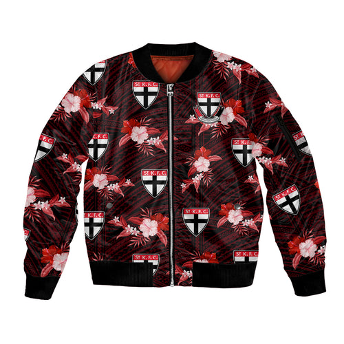 custom-text-and-number-st-kilda-football-sleeve-zip-bomber-jacket-saints-polynesian-tribal-mix-tropical-hawaiian-style