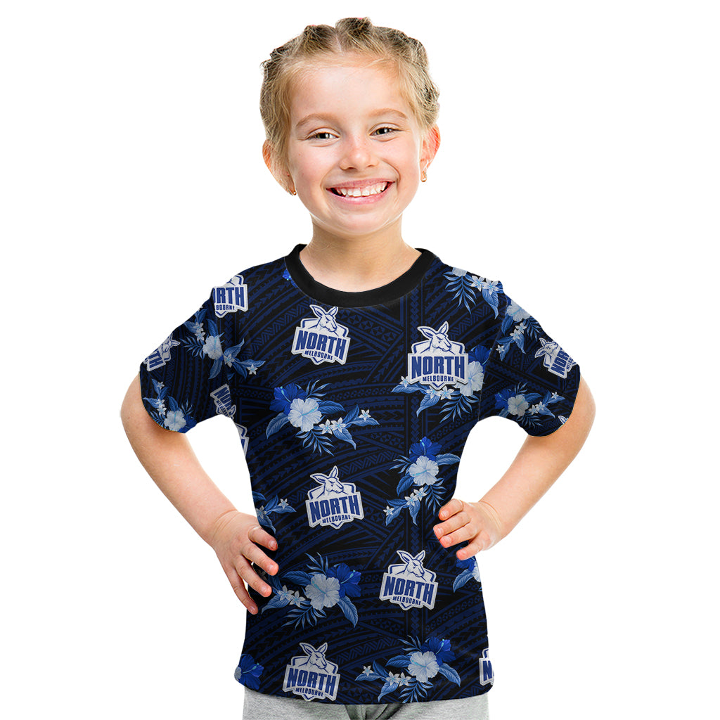 custom-text-and-number-north-melbourne-football-kid-t-shirt-kangaroos-polynesian-tribal-mix-tropical-hawaiian-style