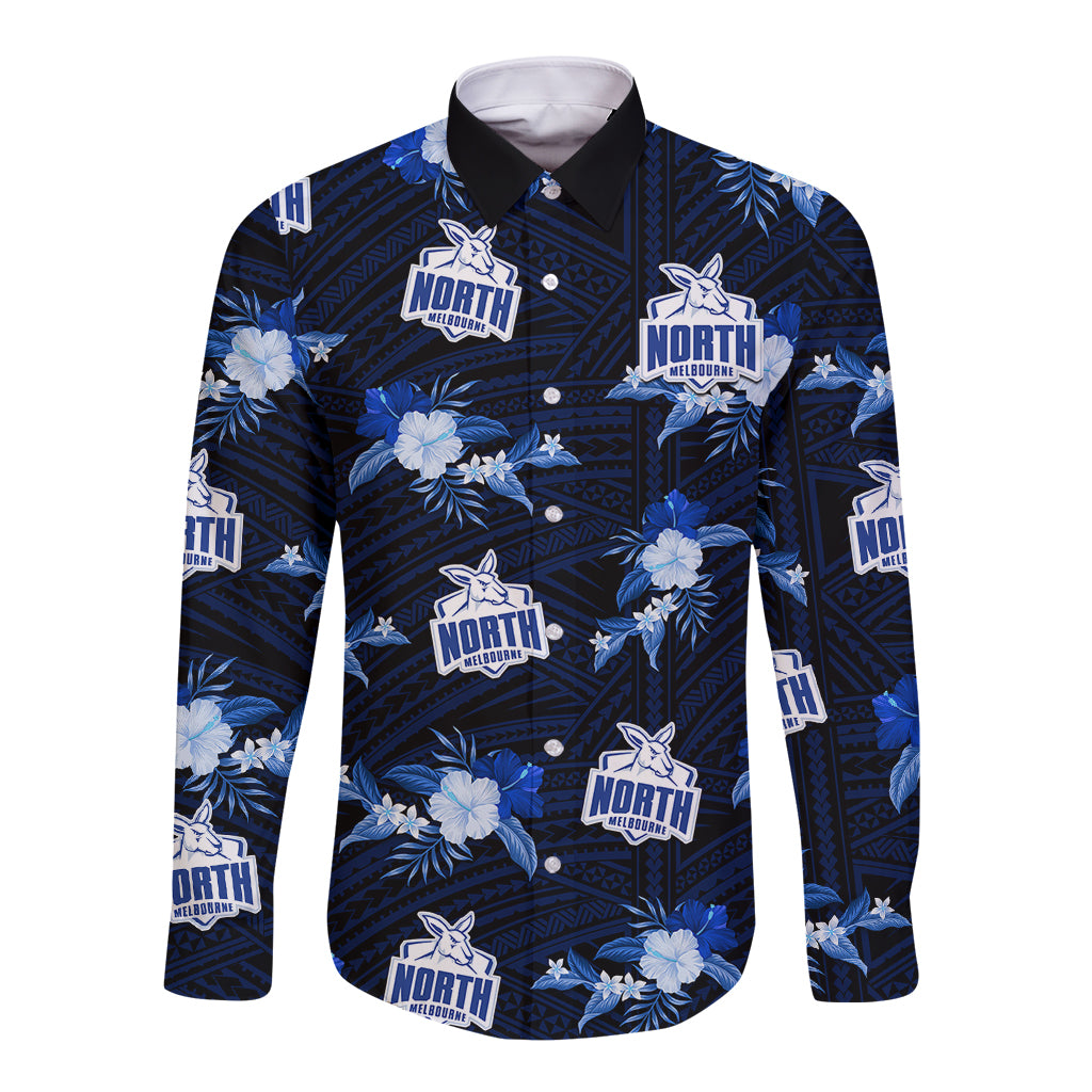 custom-text-and-number-north-melbourne-football-long-sleeve-button-shirt-kangaroos-polynesian-tribal-mix-tropical-hawaiian-style