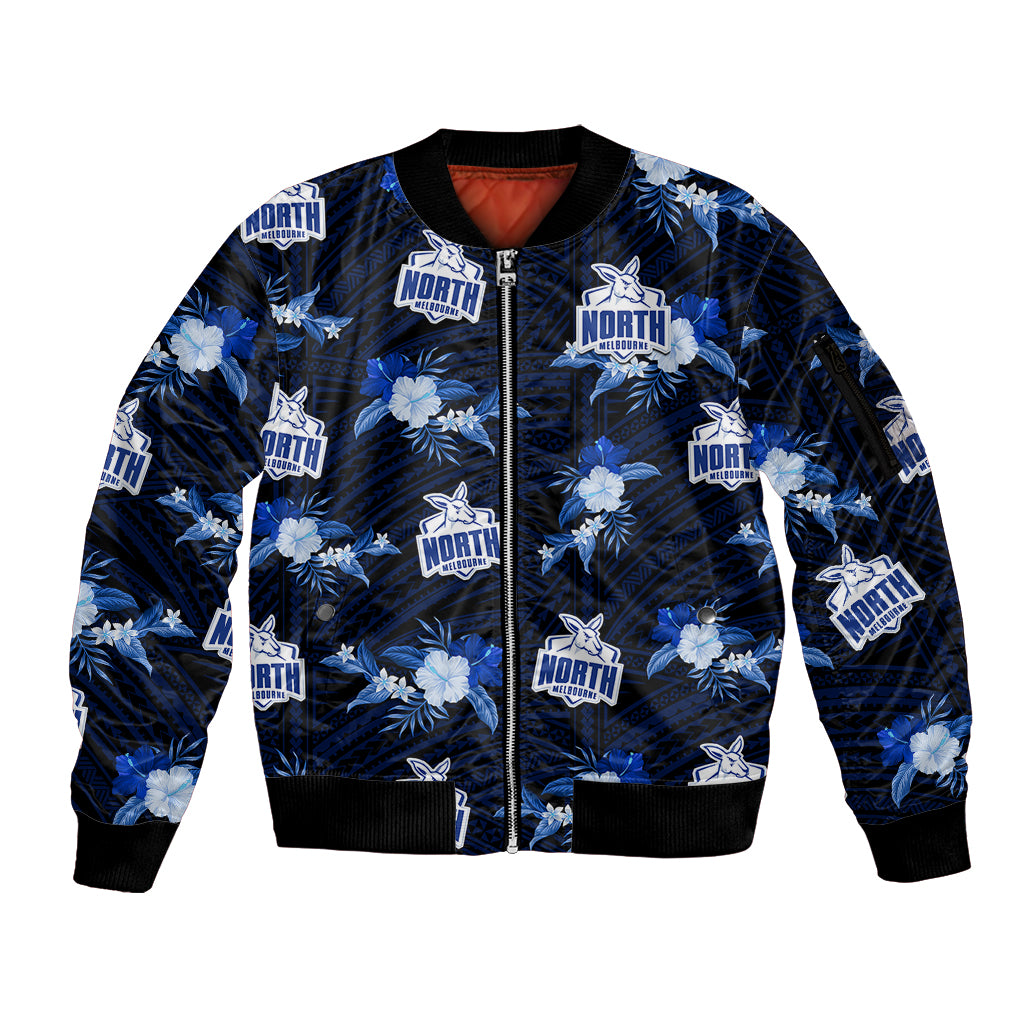 custom-text-and-number-north-melbourne-football-sleeve-zip-bomber-jacket-kangaroos-polynesian-tribal-mix-tropical-hawaiian-style