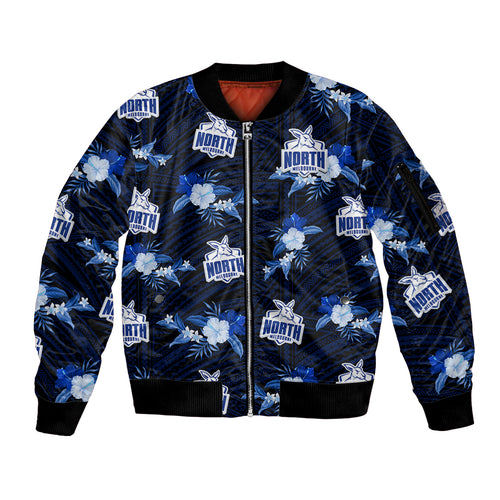 custom-text-and-number-north-melbourne-football-sleeve-zip-bomber-jacket-kangaroos-polynesian-tribal-mix-tropical-hawaiian-style