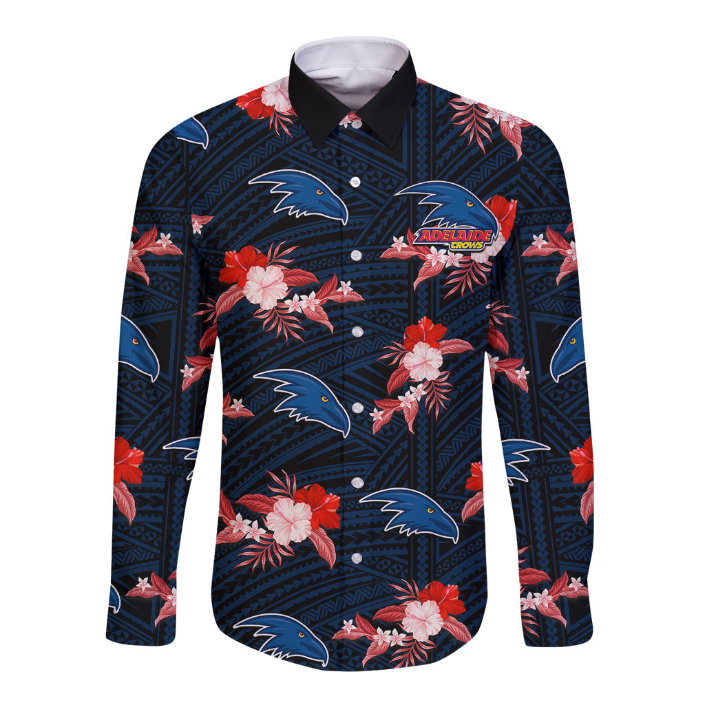 custom-text-and-number-adelaide-crows-football-long-sleeve-button-shirt-polynesian-tribal-mix-tropical-hawaiian-style
