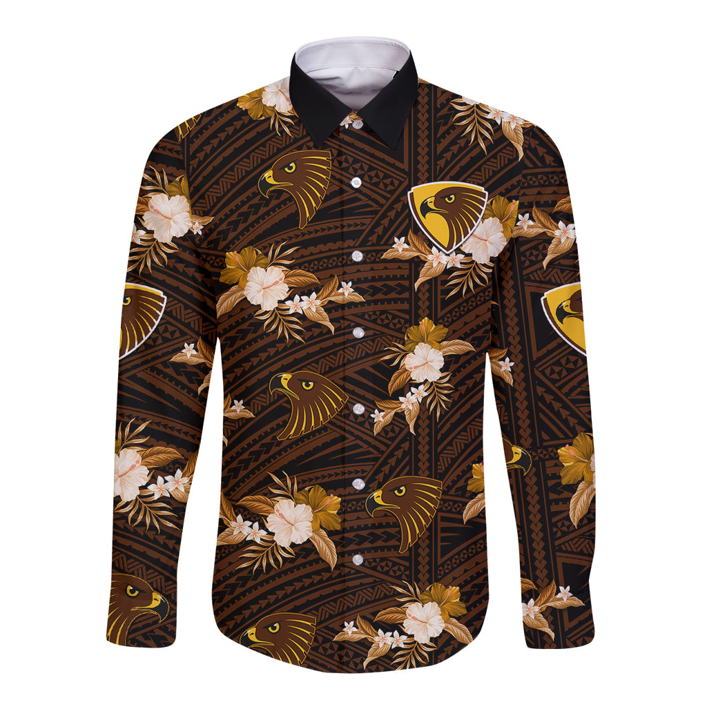 custom-text-and-number-hawthorn-football-long-sleeve-button-shirt-hawks-polynesian-tribal-mix-tropical-hawaiian-style