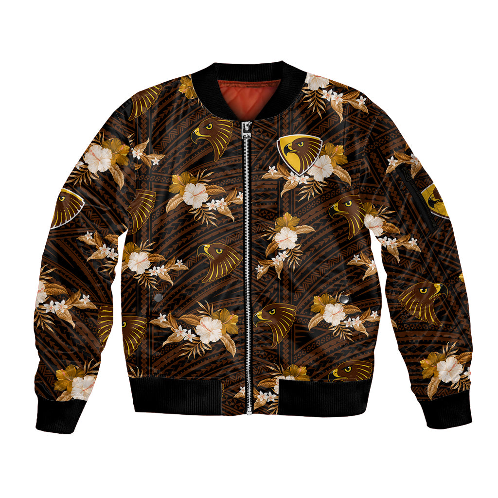 custom-text-and-number-hawthorn-football-sleeve-zip-bomber-jacket-hawks-polynesian-tribal-mix-tropical-hawaiian-style